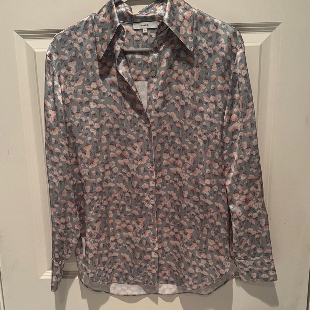 Vince 100% silk gray blouse with peach floral print